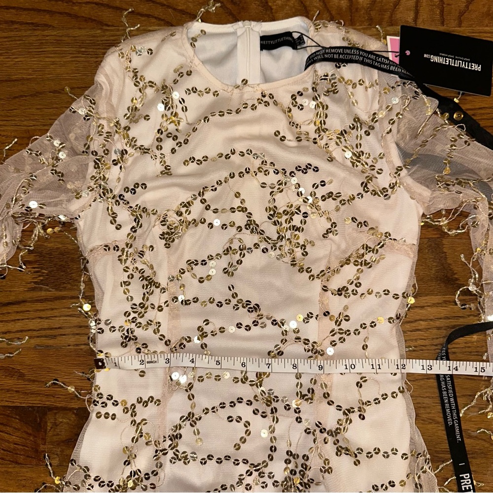 NWT Pretty Little Thing Sz 2 Beaded Sheer Sleeve Party Dress Champagne - Picture 6 of 9